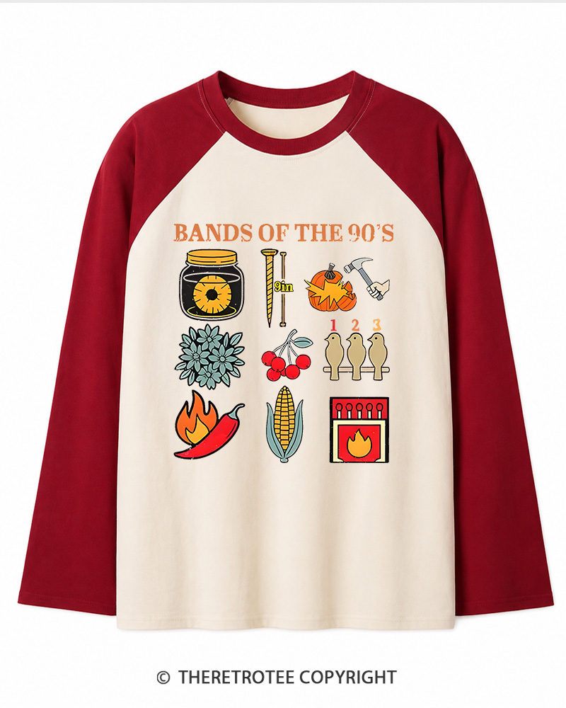 TheRetroTee Popular Music Bands of The 1990s Long Sleeve Raglan T-Shirt