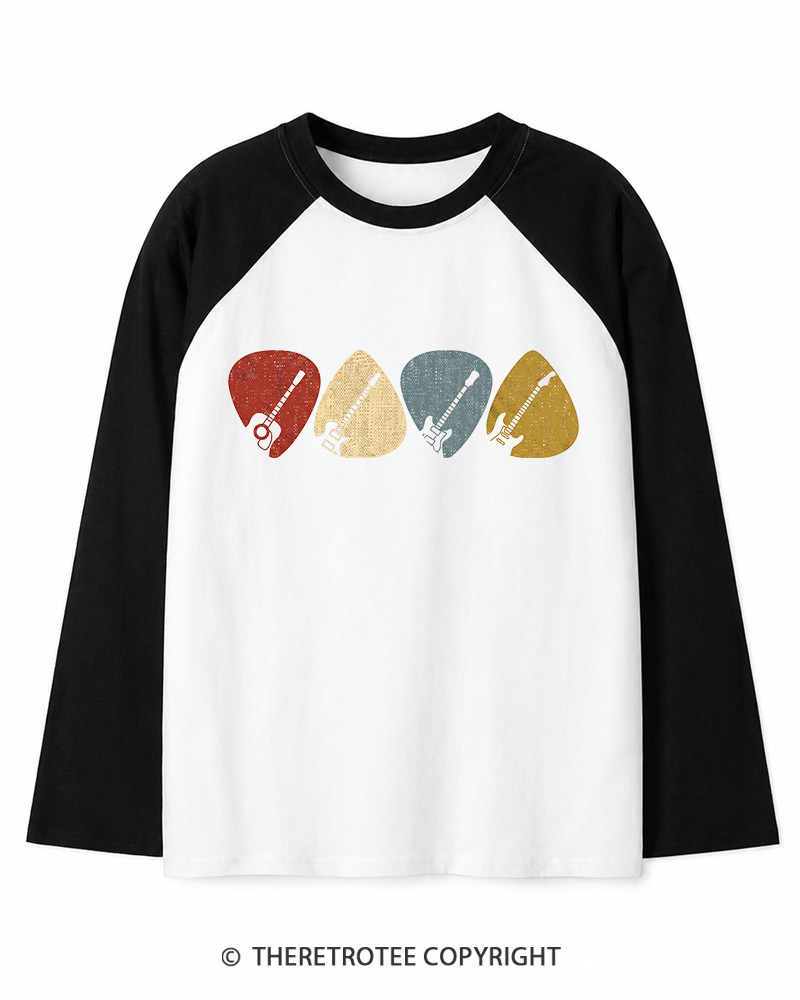 TheRetroTee Guitar Pick Gift For Guitarist 1980s Long Sleeve Raglan T-Shirt