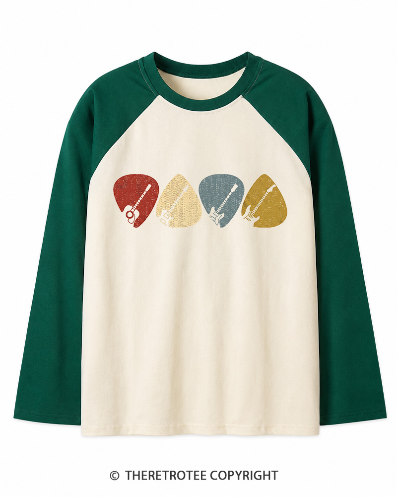 TheRetroTee Guitar Pick Gift For Guitarist 1980s Long Sleeve Raglan T-Shirt