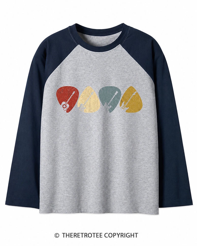 TheRetroTee Guitar Pick Gift For Guitarist 1980s Long Sleeve Raglan T-Shirt