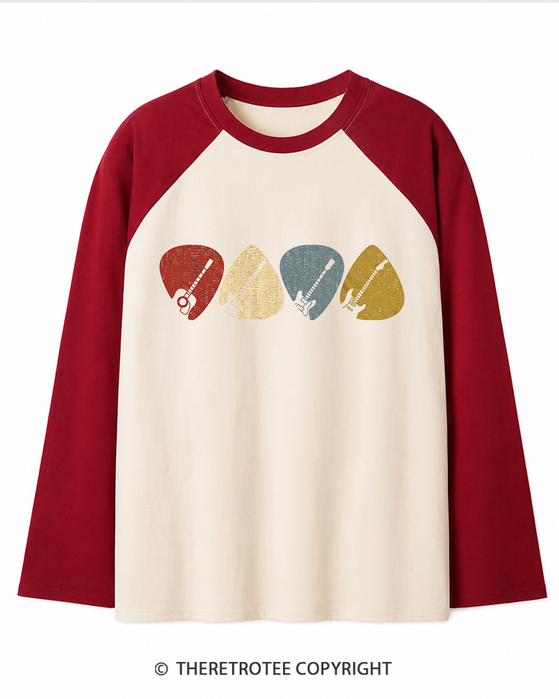 TheRetroTee Guitar Pick Gift For Guitarist 1980s Long Sleeve Raglan T-Shirt