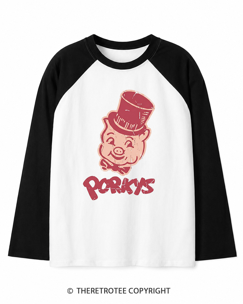 TheRetroTee Classic Whimsical Pig 1950s Long Sleeve Raglan T-Shirt