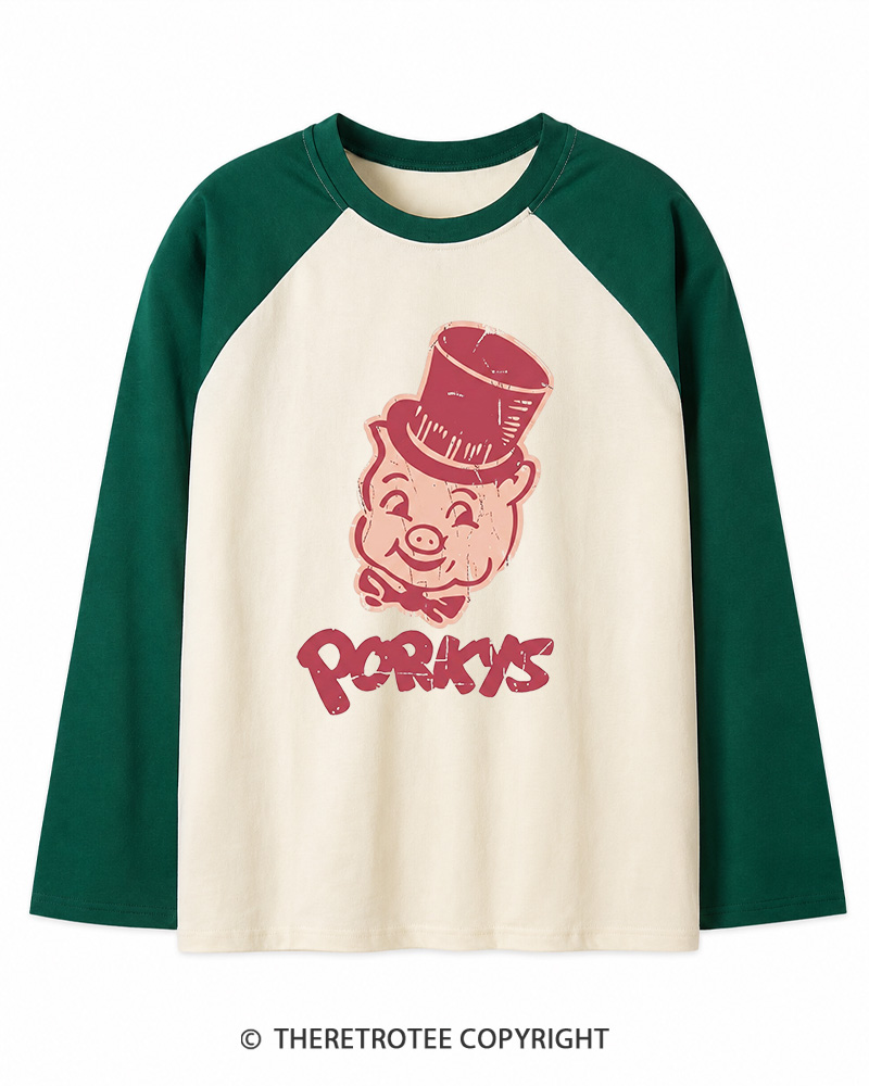 TheRetroTee Classic Whimsical Pig 1950s Long Sleeve Raglan T-Shirt