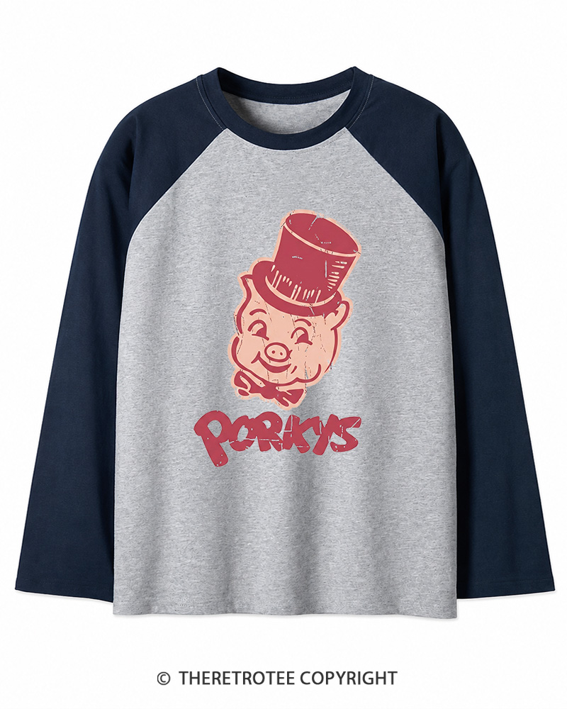 TheRetroTee Classic Whimsical Pig 1950s Long Sleeve Raglan T-Shirt