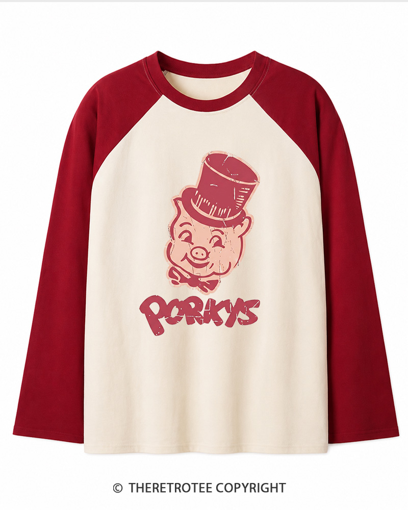 TheRetroTee Classic Whimsical Pig 1950s Long Sleeve Raglan T-Shirt
