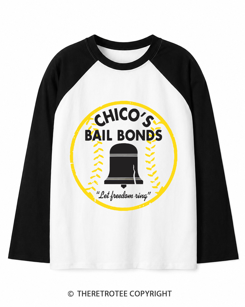 TheRetroTee Chico's Bail Bonds 1970s Long Sleeve Raglan T-Shirt