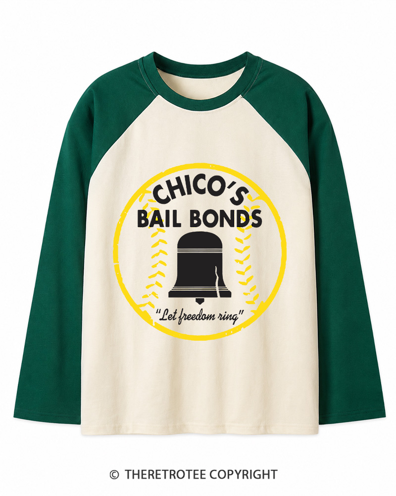 TheRetroTee Chico's Bail Bonds 1970s Long Sleeve Raglan T-Shirt