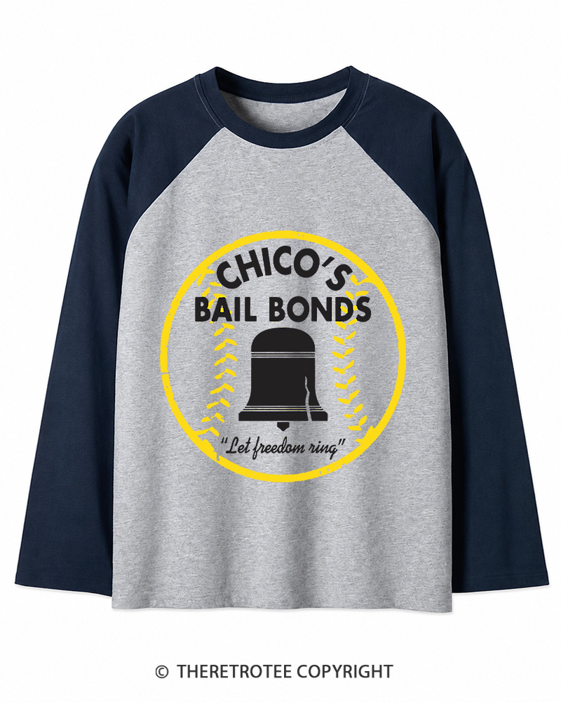 TheRetroTee Chico's Bail Bonds 1970s Long Sleeve Raglan T-Shirt