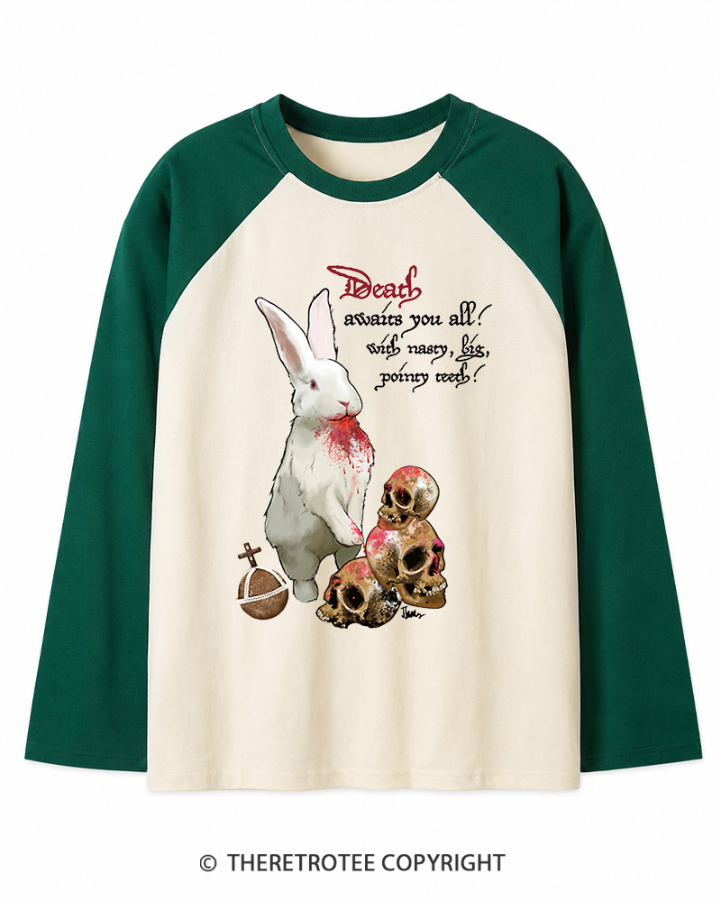 TheRetroTee Killer Rabbit of Caerbannog 1970s Long Sleeve Raglan T-Shirt