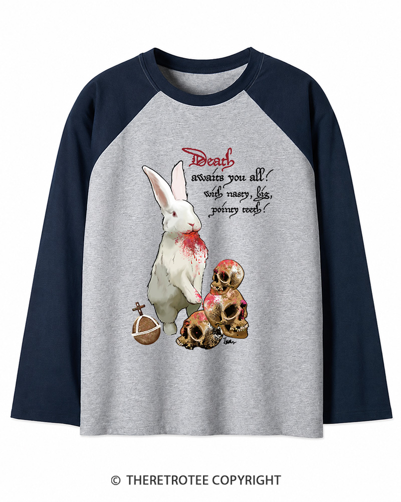 TheRetroTee Killer Rabbit of Caerbannog 1970s Long Sleeve Raglan T-Shirt