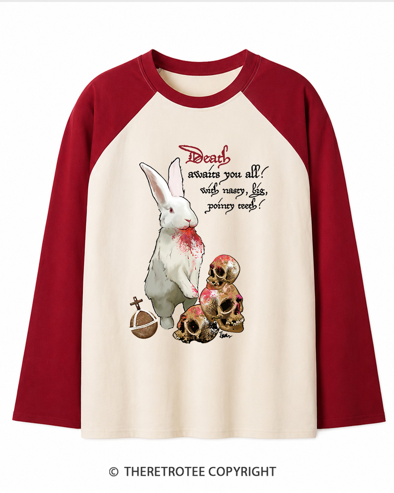 TheRetroTee Killer Rabbit of Caerbannog 1970s Long Sleeve Raglan T-Shirt