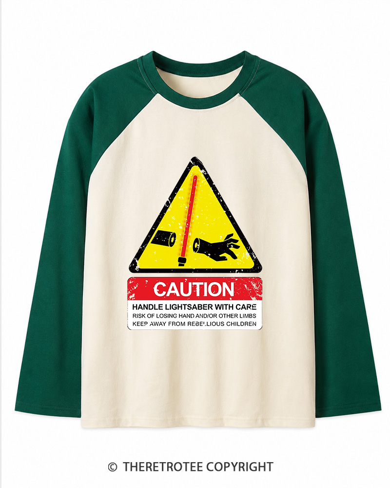 TheRetroTee Handle With Care 1970s Long Sleeve Raglan T-Shirt