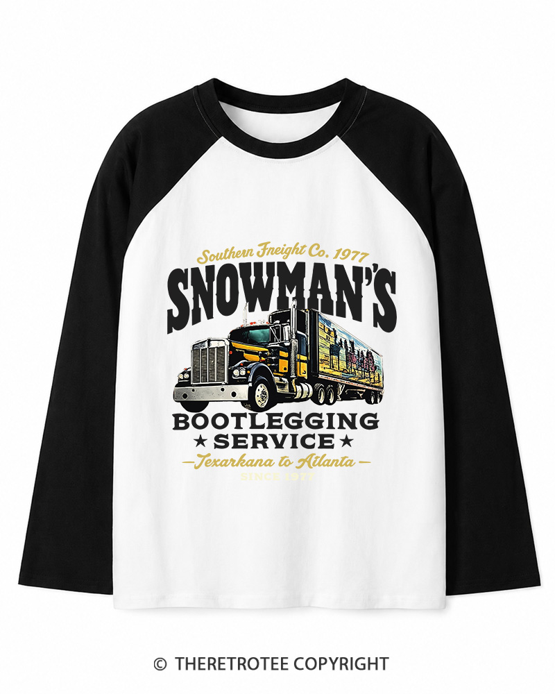 TheRetroTee Snowman's Bootlegging Service 1970s Long Sleeve Raglan T-Shirt