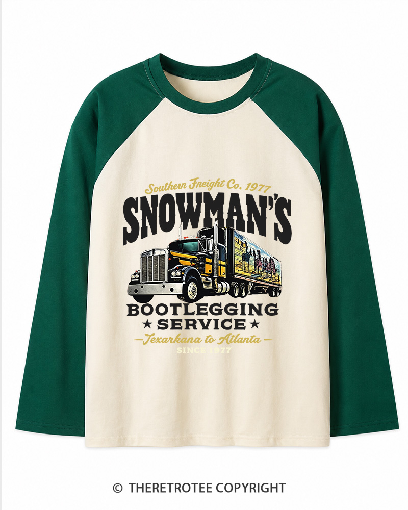 TheRetroTee Snowman's Bootlegging Service 1970s Long Sleeve Raglan T-Shirt