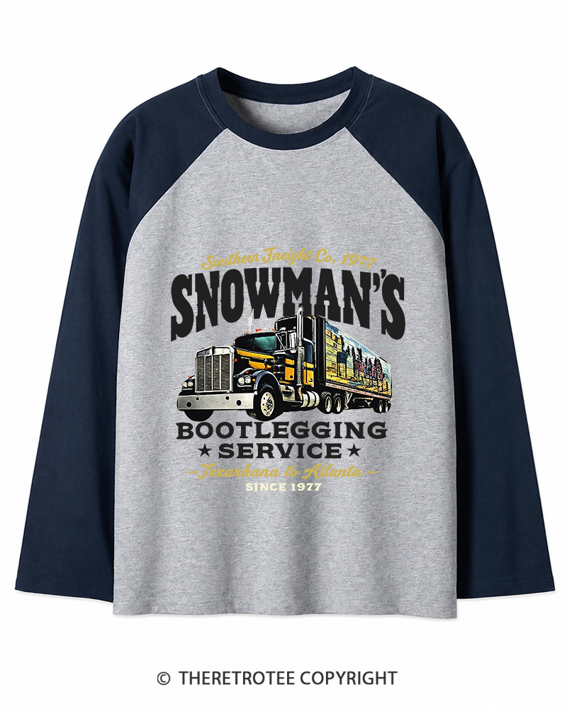 TheRetroTee Snowman's Bootlegging Service 1970s Long Sleeve Raglan T-Shirt