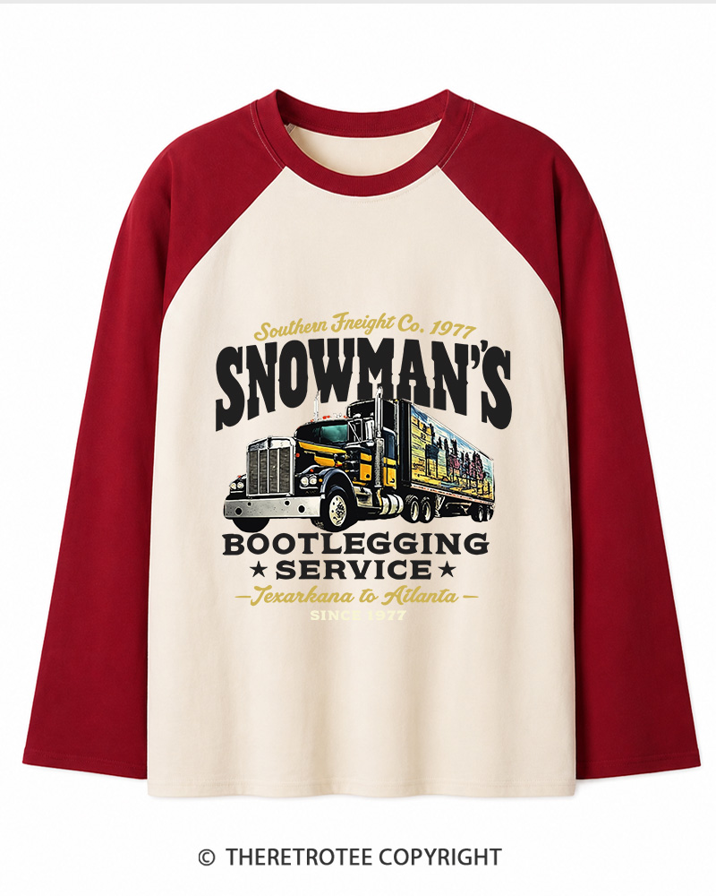 TheRetroTee Snowman's Bootlegging Service 1970s Long Sleeve Raglan T-Shirt