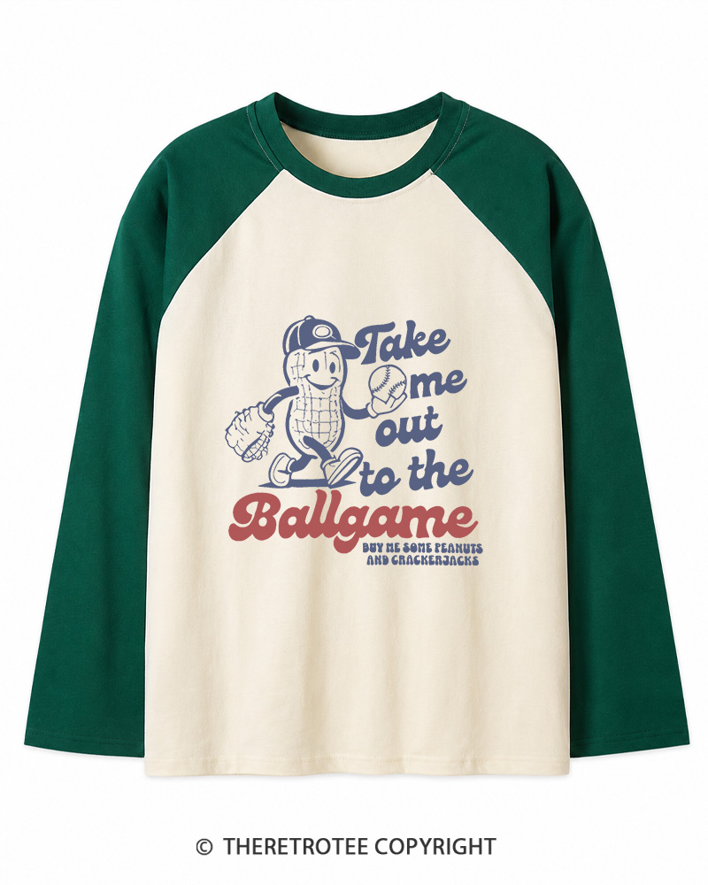 TheRetroTee Take Me Out To The Ballgame 1950s Long Sleeve Raglan T-Shirt