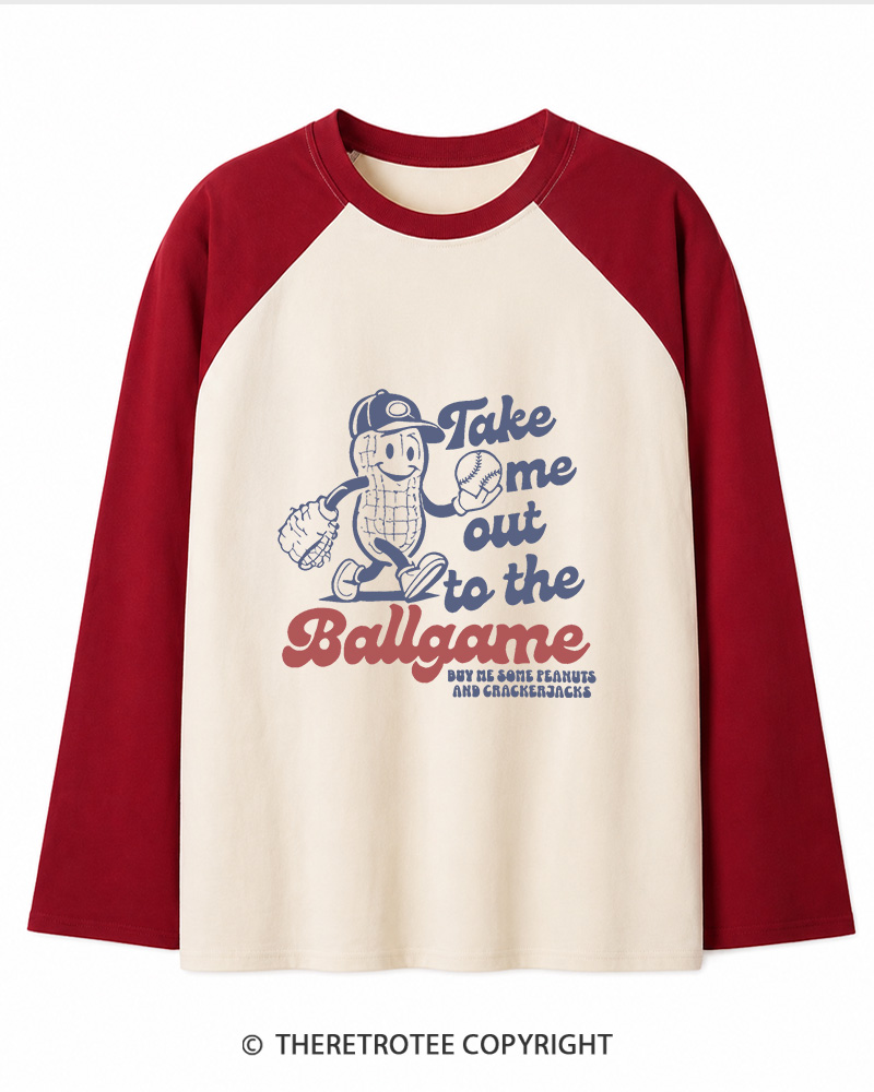 TheRetroTee Take Me Out To The Ballgame 1950s Long Sleeve Raglan T-Shirt