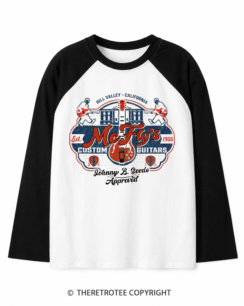 TheRetroTee McFly's Custom Guitars Worn 1980s Long Sleeve Raglan T-Shirt