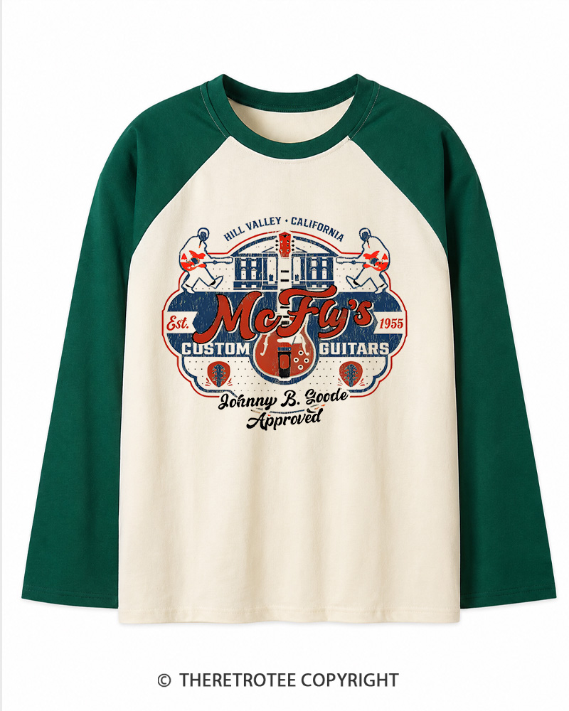 TheRetroTee McFly's Custom Guitars Worn 1980s Long Sleeve Raglan T-Shirt