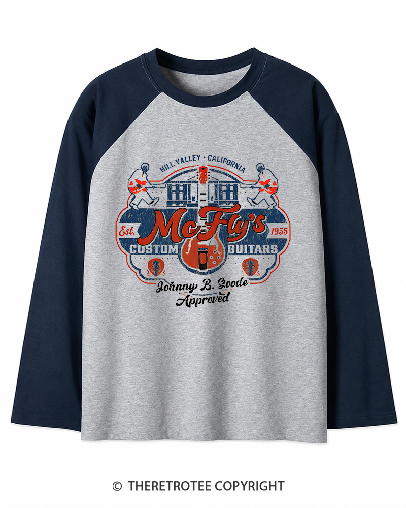 TheRetroTee McFly's Custom Guitars Worn 1980s Long Sleeve Raglan T-Shirt