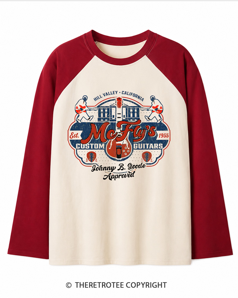 TheRetroTee McFly's Custom Guitars Worn 1980s Long Sleeve Raglan T-Shirt
