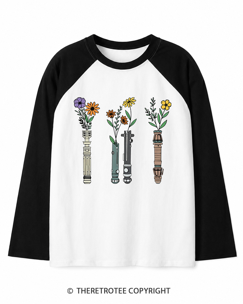TheRetroTee Floral Lightsaber 1980s Long Sleeve Raglan T-Shirt