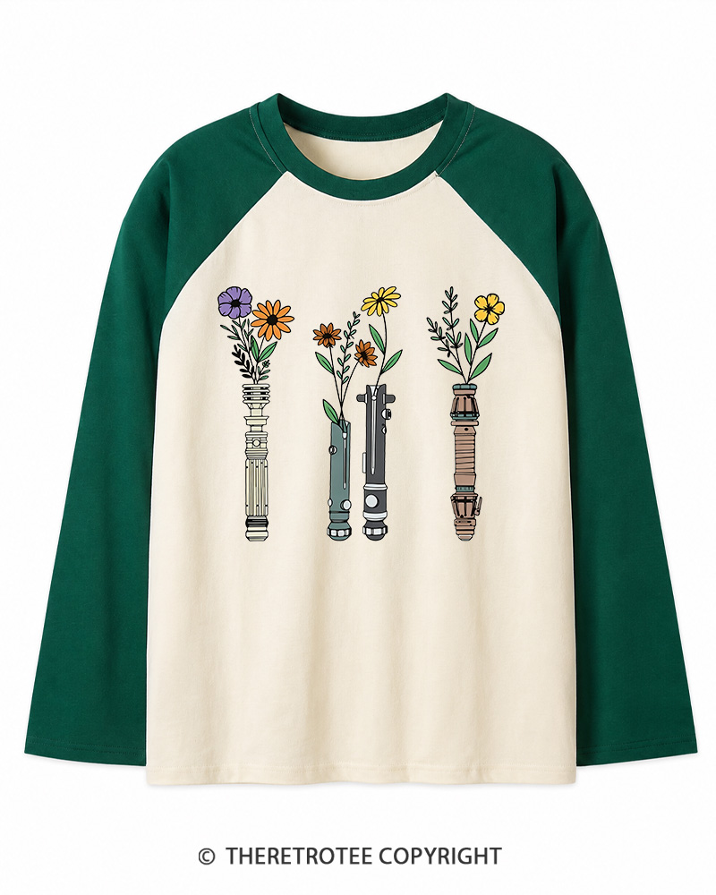 TheRetroTee Floral Lightsaber 1980s Long Sleeve Raglan T-Shirt