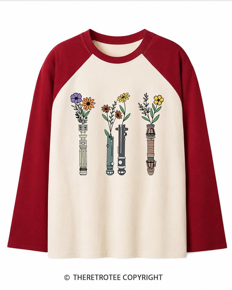TheRetroTee Floral Lightsaber 1980s Long Sleeve Raglan T-Shirt