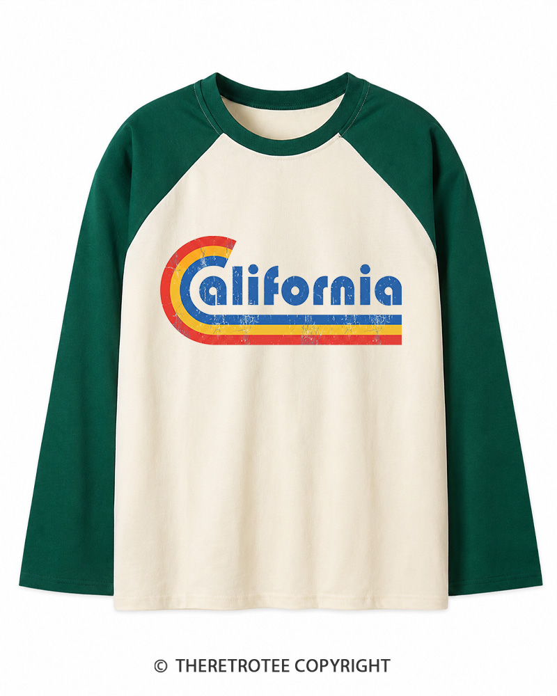 TheRetroTee Happy California Holiday Vintage Graphic Long Sleeve Raglan T-Shirt