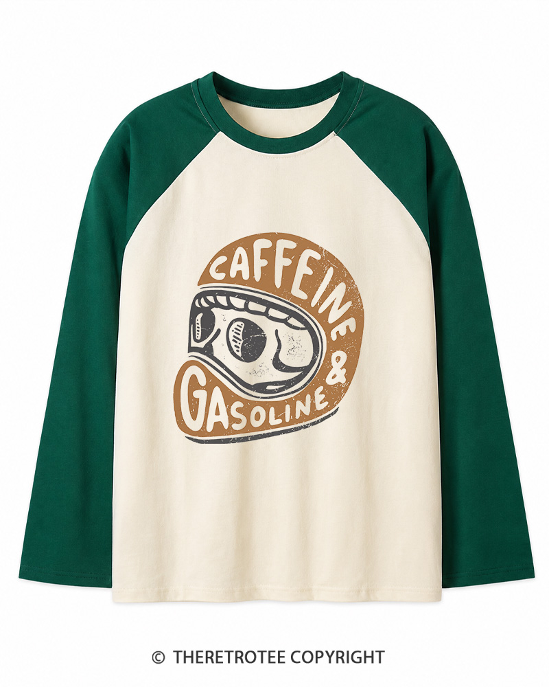 TheRetroTee Caffeine & Gasoline 1980s Long Sleeve Raglan T-Shirt