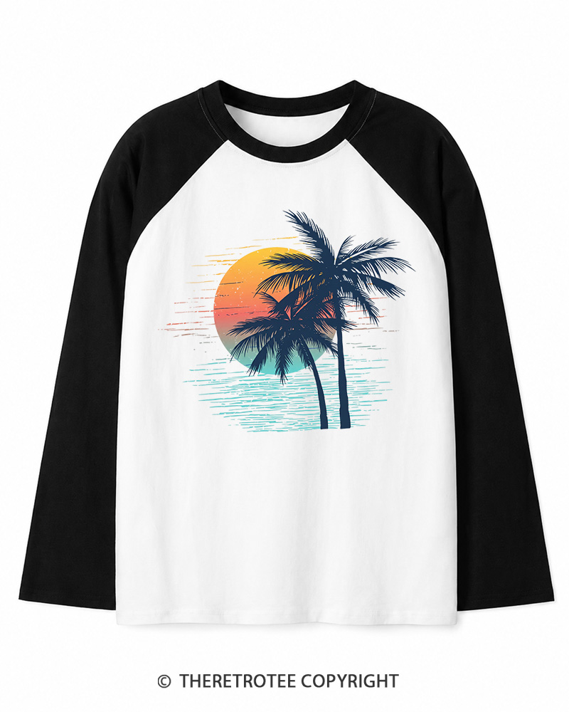 TheRetroTee Tropical Sunset 1970s Long Sleeve Raglan T-Shirt
