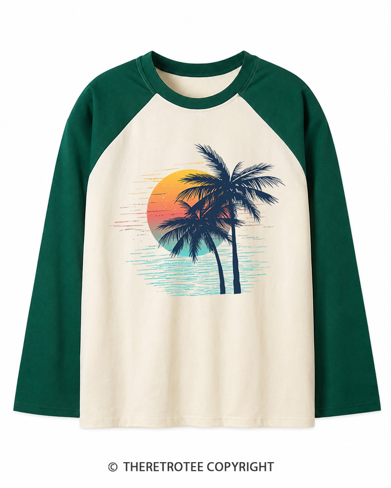 TheRetroTee Tropical Sunset 1970s Long Sleeve Raglan T-Shirt