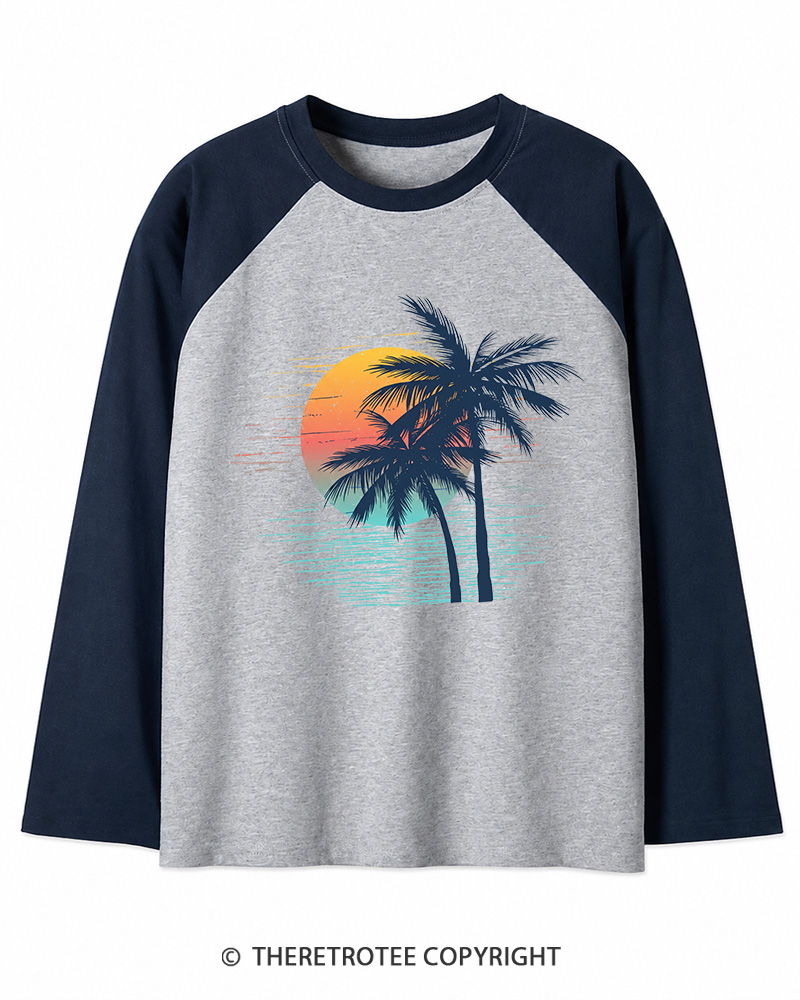 TheRetroTee Tropical Sunset 1970s Long Sleeve Raglan T-Shirt