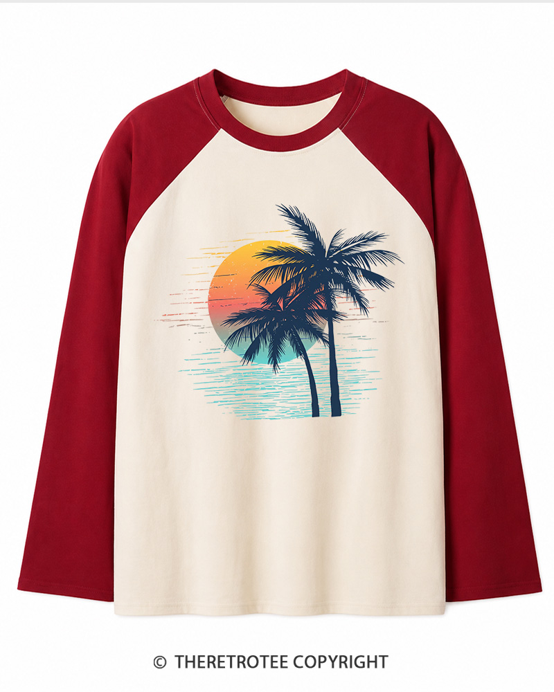TheRetroTee Tropical Sunset 1970s Long Sleeve Raglan T-Shirt