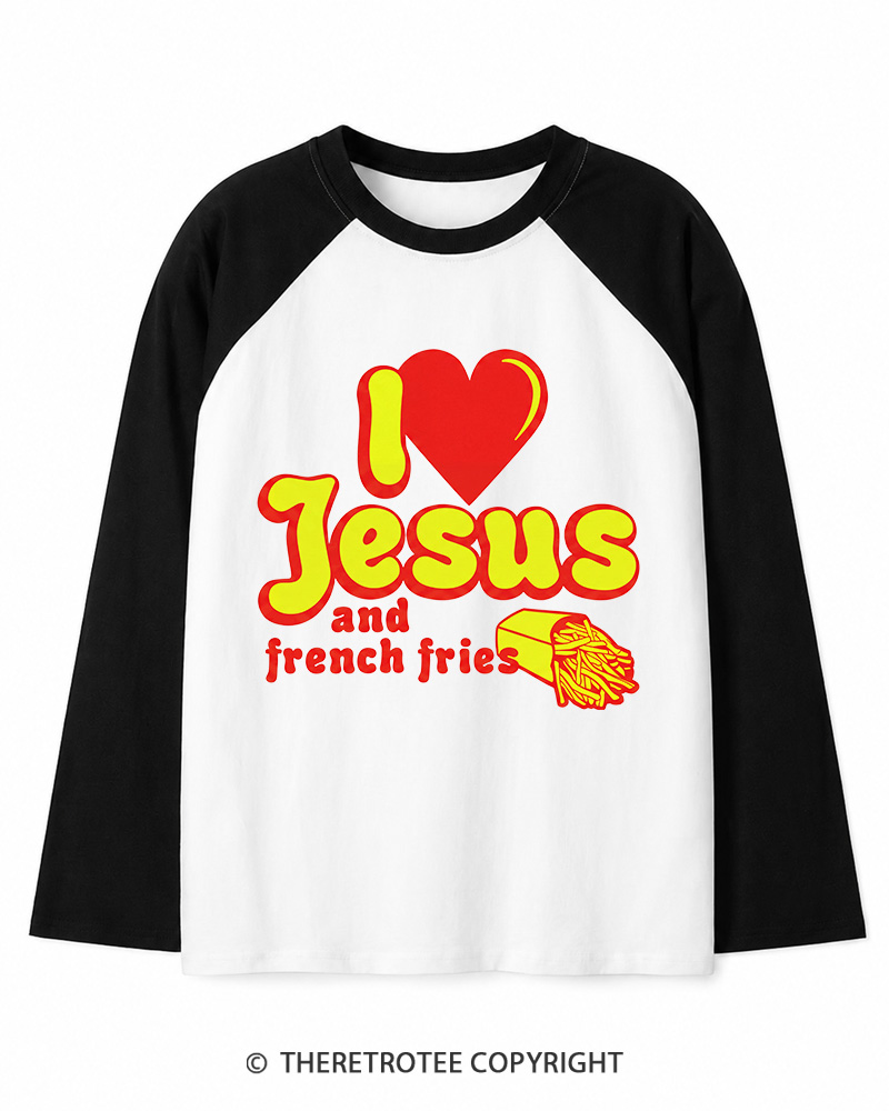 TheRetroTee I Heart Jesus And French Fries Vintage Graphic Long Sleeve Raglan T-Shirt