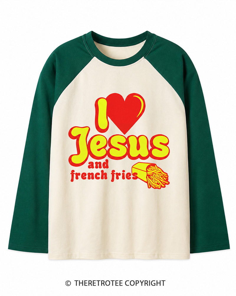 TheRetroTee I Heart Jesus And French Fries Vintage Graphic Long Sleeve Raglan T-Shirt