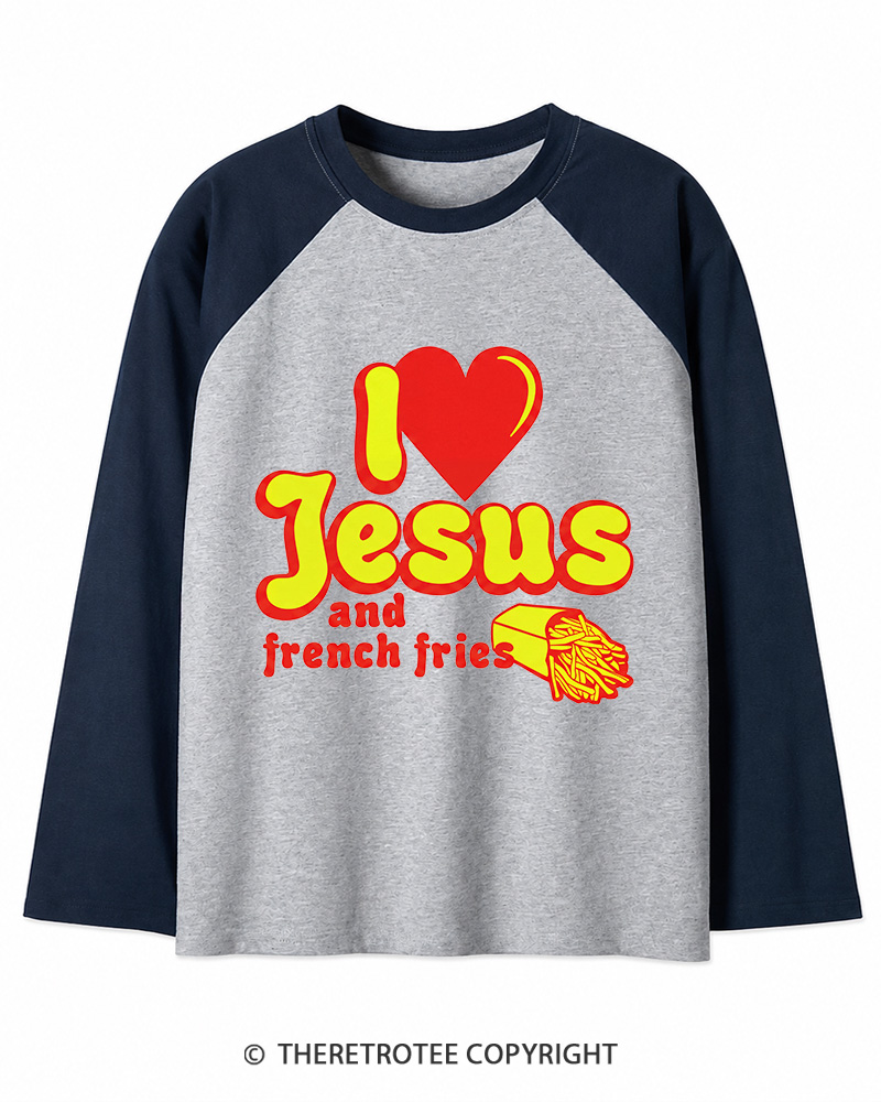 TheRetroTee I Heart Jesus And French Fries Vintage Graphic Long Sleeve Raglan T-Shirt