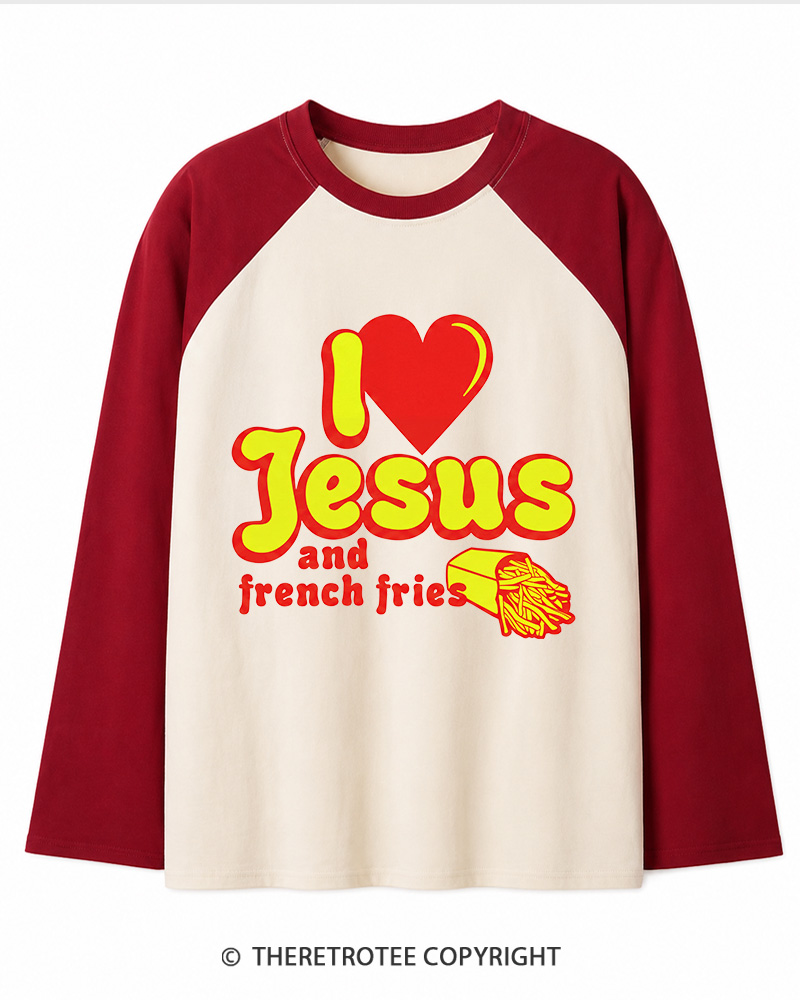 TheRetroTee I Heart Jesus And French Fries Vintage Graphic Long Sleeve Raglan T-Shirt
