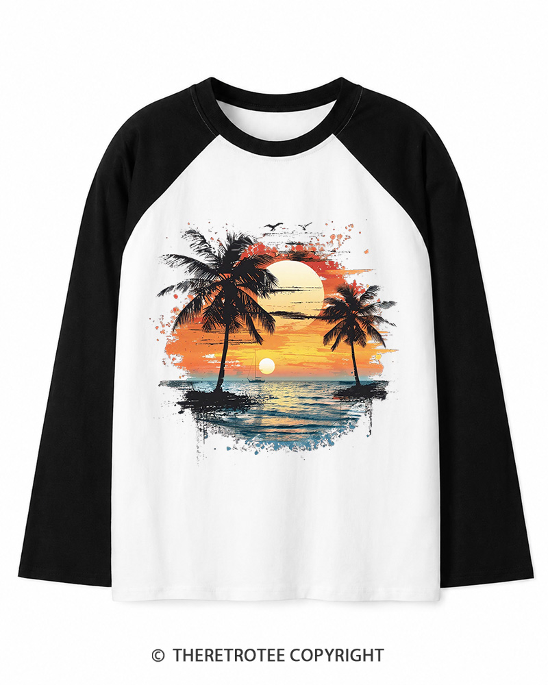 TheRetroTee Beach Sunset With Palm Trees 1980s Long Sleeve Raglan T-Shirt