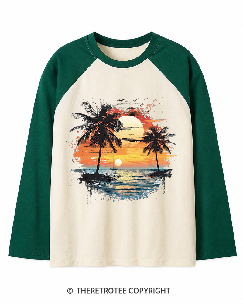 TheRetroTee Beach Sunset With Palm Trees 1980s Long Sleeve Raglan T-Shirt
