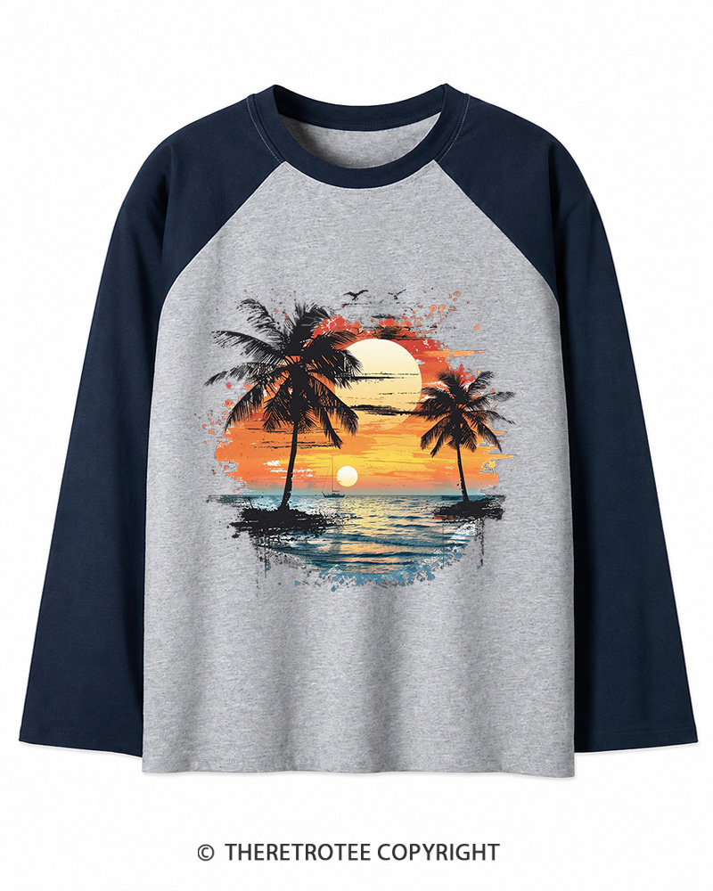 TheRetroTee Beach Sunset With Palm Trees 1980s Long Sleeve Raglan T-Shirt