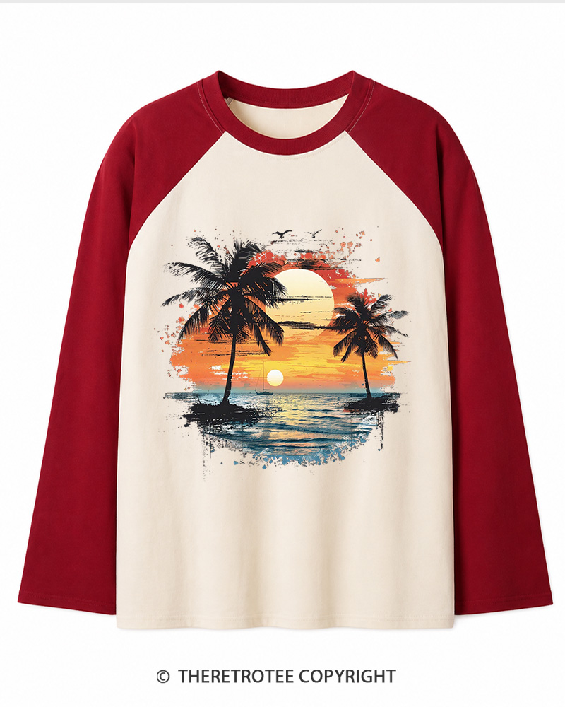 TheRetroTee Beach Sunset With Palm Trees 1980s Long Sleeve Raglan T-Shirt