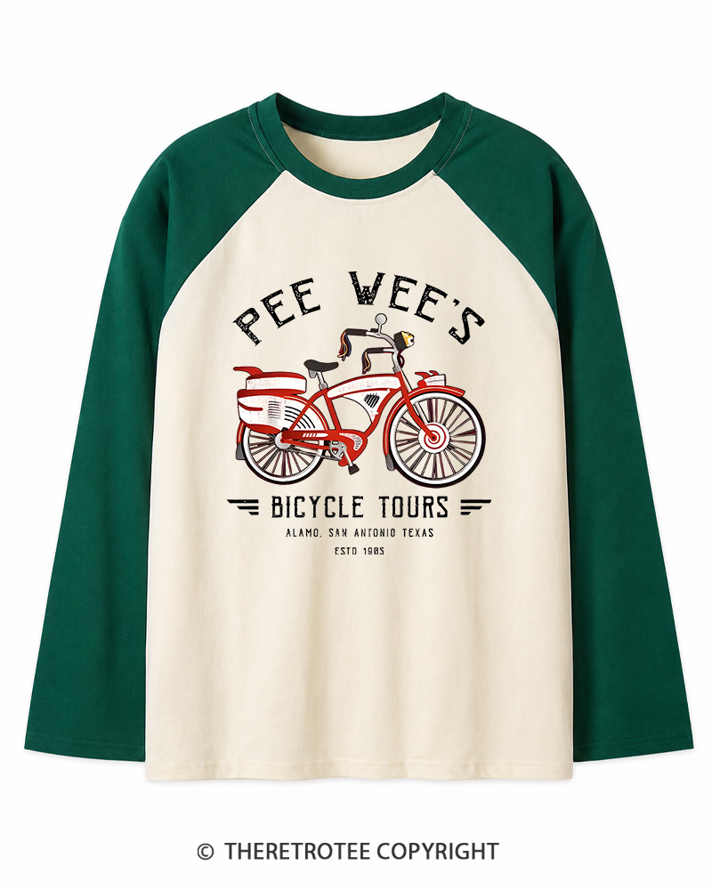 TheRetroTee Bicycle Tours Big Adventure 1980s Long Sleeve Raglan T-Shirt