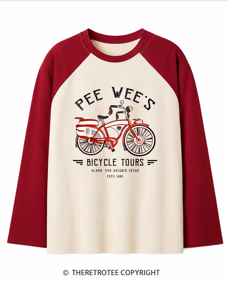 TheRetroTee Bicycle Tours Big Adventure 1980s Long Sleeve Raglan T-Shirt