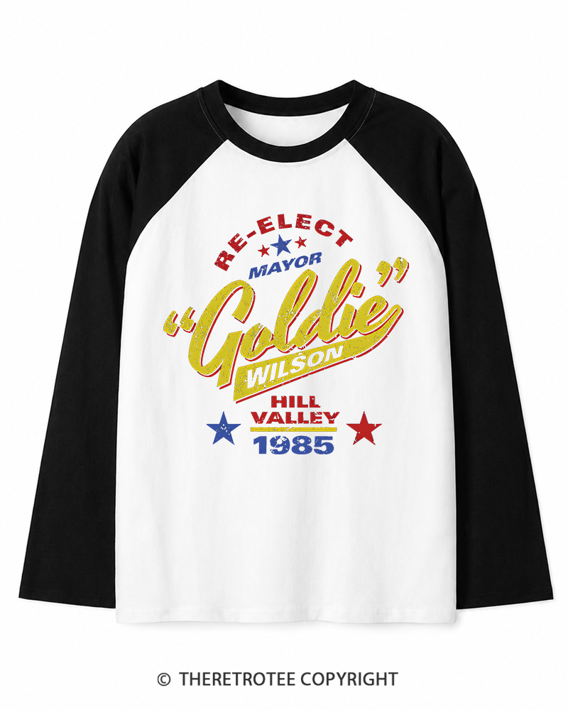 TheRetroTee Re-Elect Mayor Goldie Wilson 1980s Long Sleeve Raglan T-Shirt