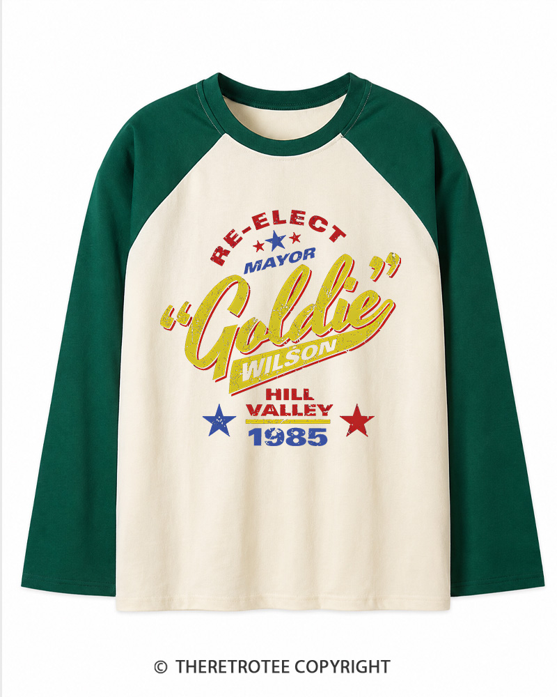 TheRetroTee Re-Elect Mayor Goldie Wilson 1980s Long Sleeve Raglan T-Shirt