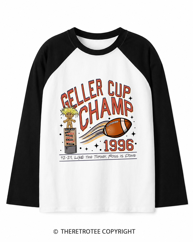 TheRetroTee Geller Bowl 1990s Long Sleeve Raglan T-Shirt