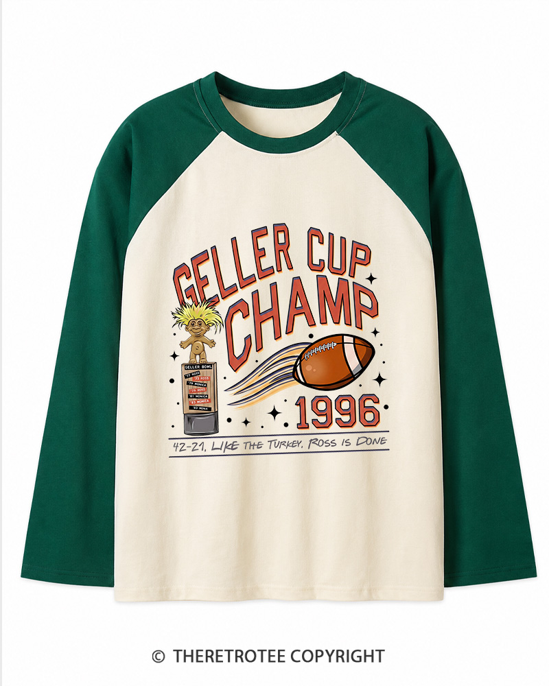 TheRetroTee Geller Bowl 1990s Long Sleeve Raglan T-Shirt