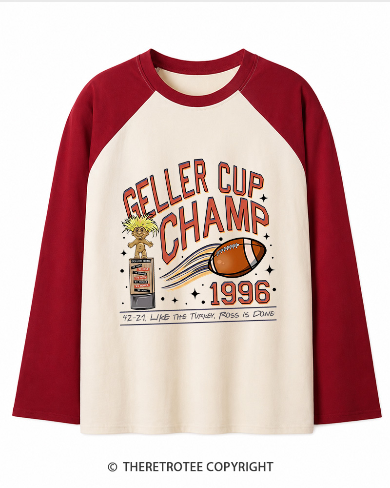 TheRetroTee Geller Bowl 1990s Long Sleeve Raglan T-Shirt
